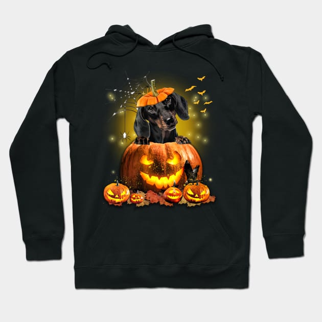 Black Dachshund Spooky Halloween Pumpkin Dog Head Hoodie by Los Draws